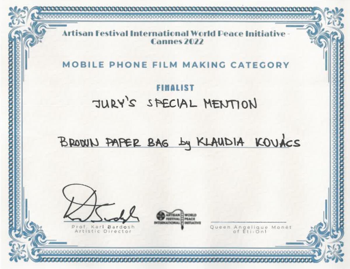 Klaudia Kovács Wins "Best Directing" for BROWN PAPER BAG at International Cell Phone Cinema Showcase in Cannes